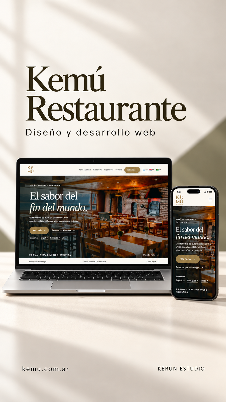 Diseño y desarrollo web de Kemú Restaurante por Kerun Estudio, versiones de escritorio y celular