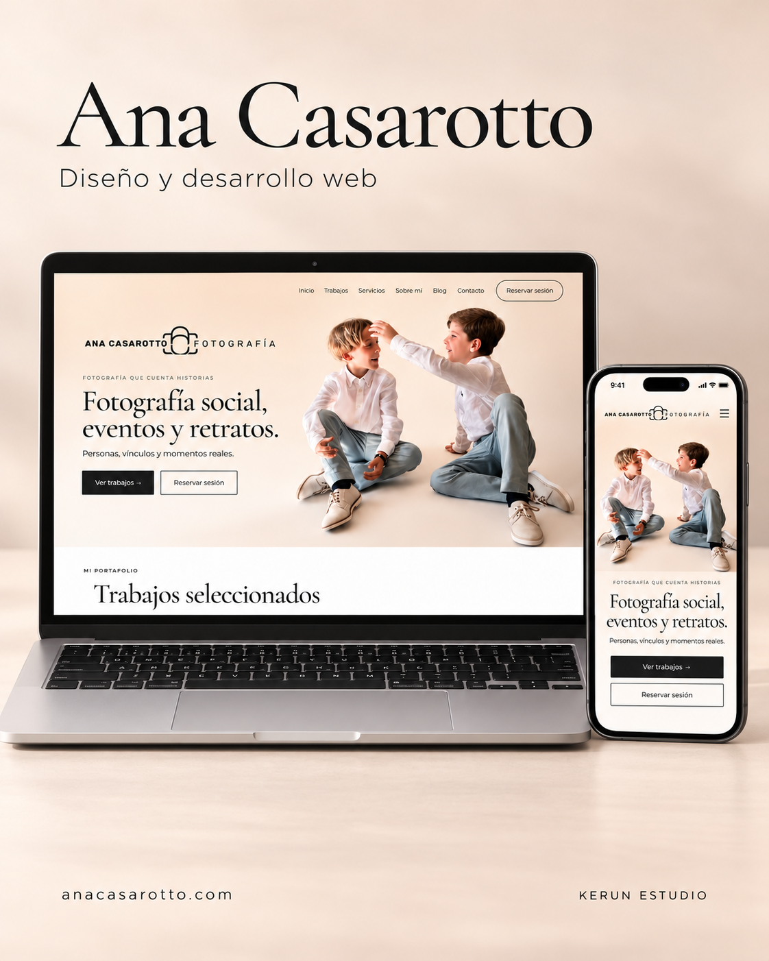 Ana Casarotto: diseño y desarrollo web por Kerun Estudio, vista en laptop y celular